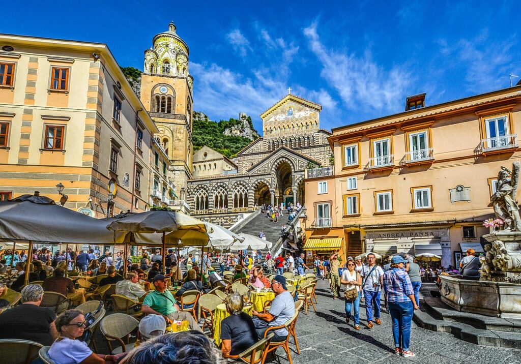 amalfi, square, italy, crowds, coast, church, cathedral, cafe, amalfi cathedral, european, europe, tourists, crowded, travel, tour, steps, fountain, chairs, umbrellas, outdoor, restaurant, amalfi, amalfi, amalfi, amalfi, amalfi
